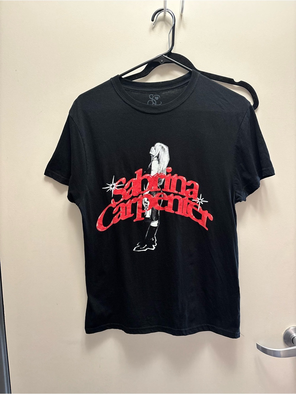 Sabrina Carpenter Black Graphic Tee with Red Logo size M